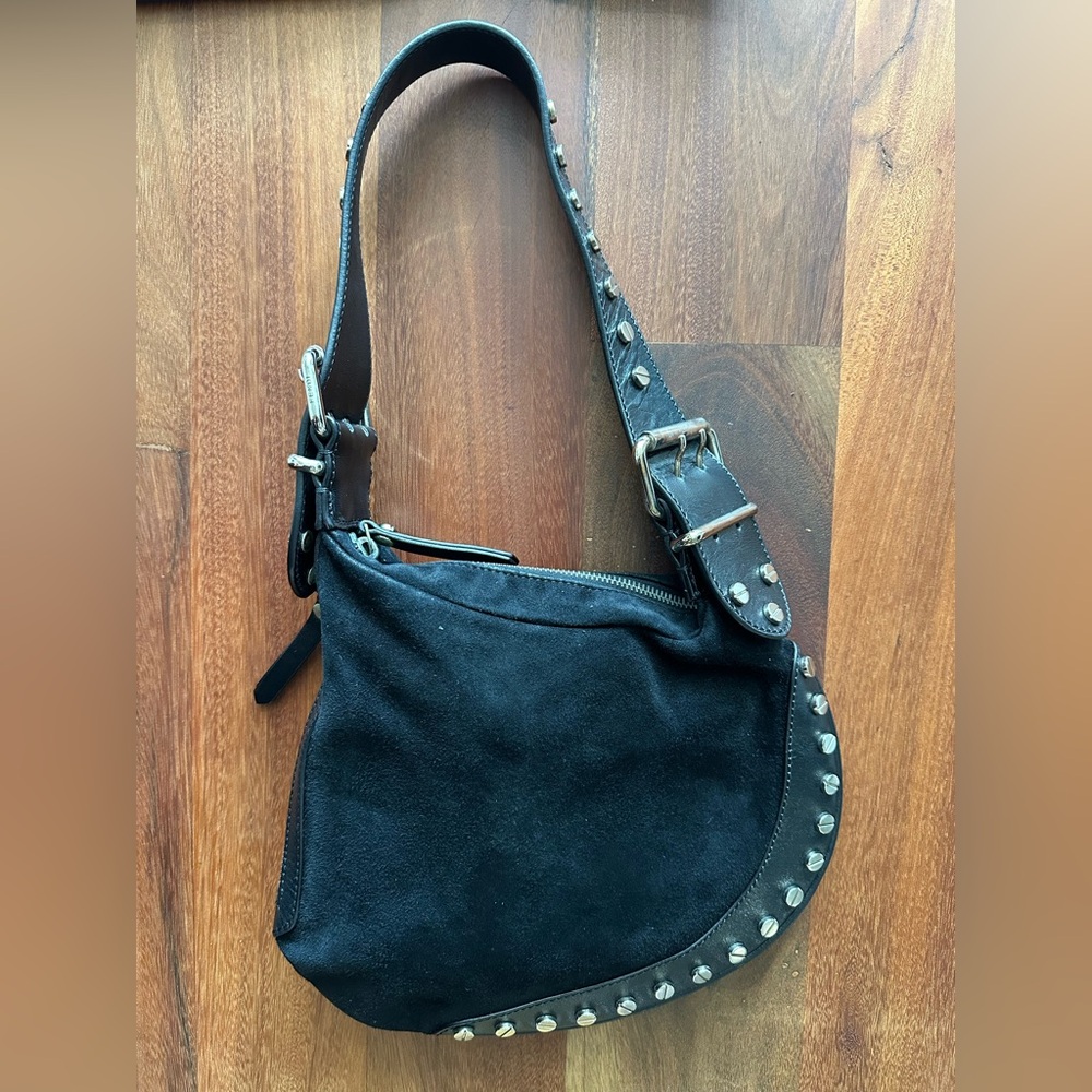 AUTHENTIC VINTAGE FENDI Black Suede Leather Studded Oyster saddle shoulder bag